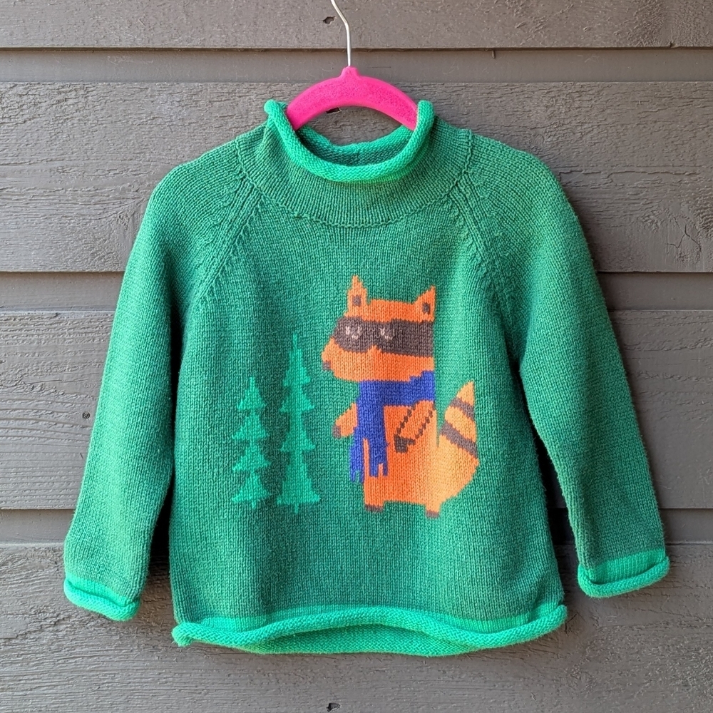 L.L. Bean Masked Bandit Raccoon Intarsia Knit Roll Neck Sweater Size 12-18MO